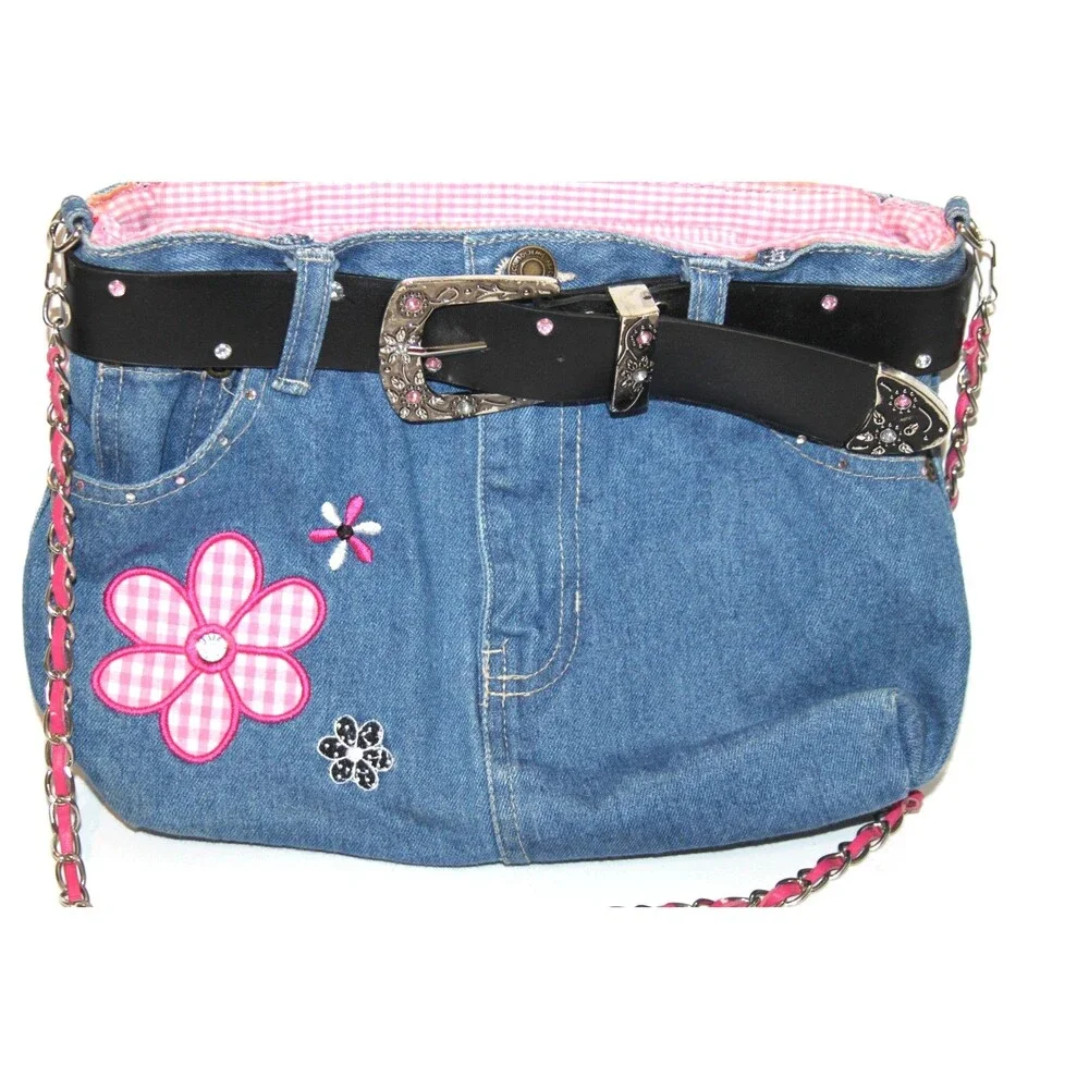 Denim Jean Purse Belt Key Chain Pink Flower Embellished Y2K Shoulder Trendy Bag